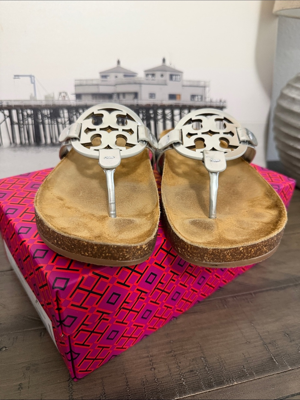 Tory Burch Silver Leather Miller Thong Sandals